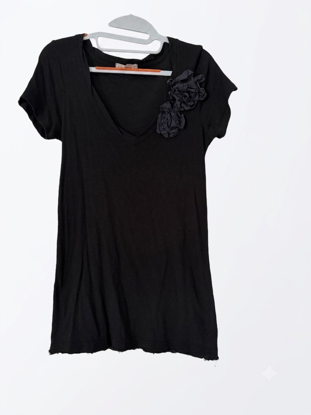 J. Crew Black V-Neck Short Sleeve Top with Floral Rosettes